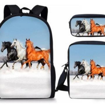 Prärie-Pferd-Muster Dreiteiliges Set, Schultasche, Federmäppchen, Umhängetasche, Lässiges 3D-Druck-Rucksack-Set.