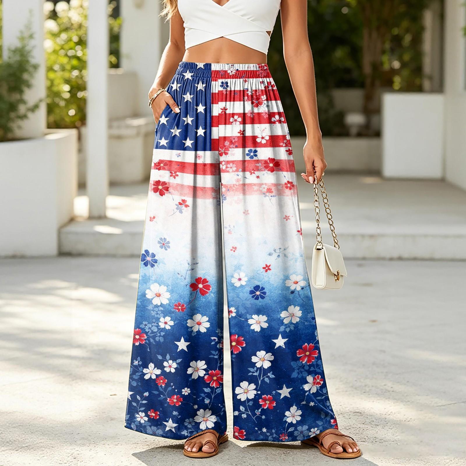 

Women Casual Wide Leg Pants Elastic Waistband Patchwork Print Loose Fit Palazzo Trousers Lightweight Breathable Bottoms for Daily Wear M
