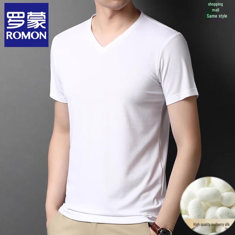 Romon Men's Summer V-Neck Short Sleeve T-Shirt with Mulberry Silk Blend