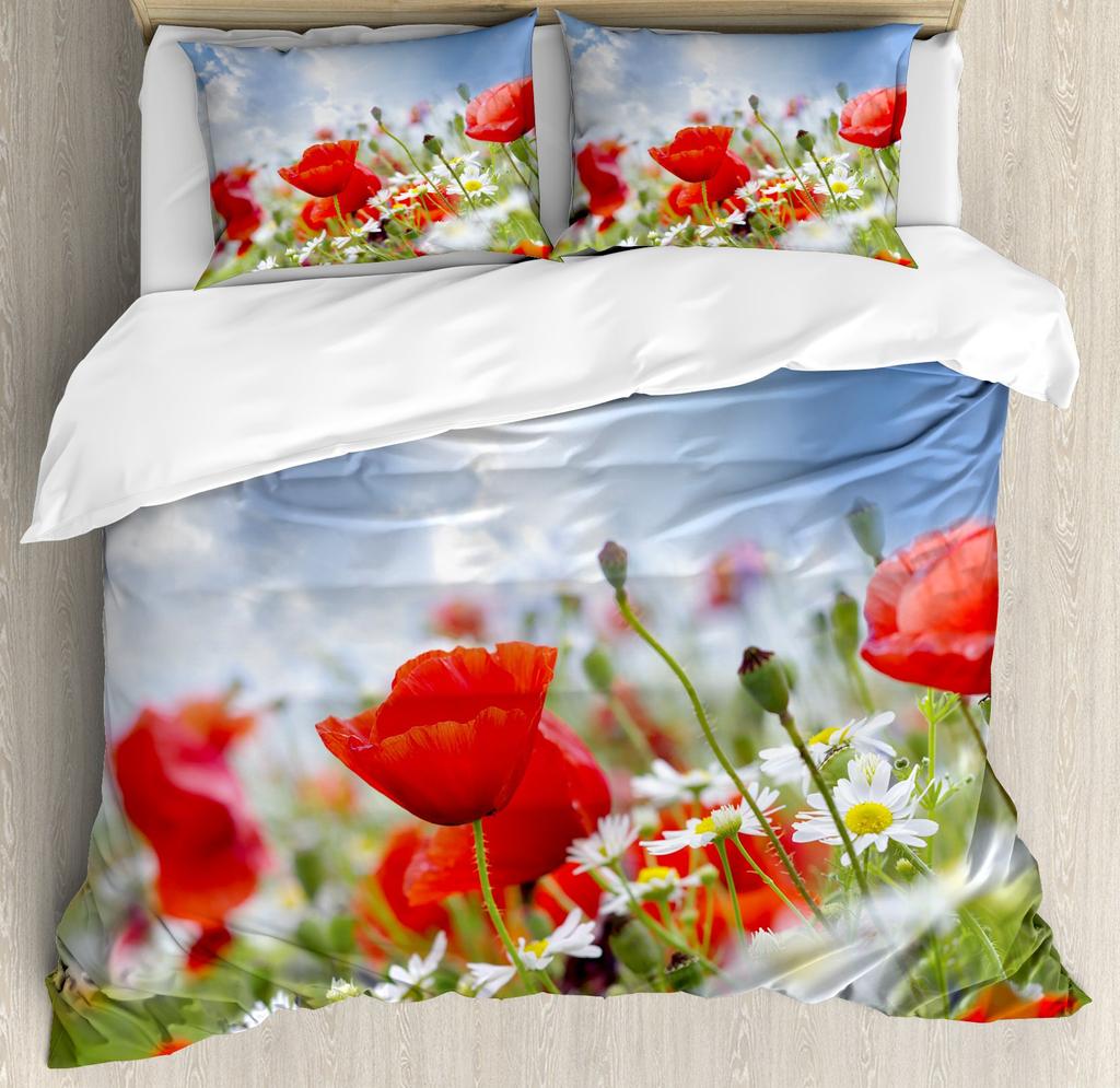 Flower Duvet Cover Set, Little Red Spring Summer Time Garden Florals Poppy Decorative 3 Piece Bedding Set with 2 Pillow Shams