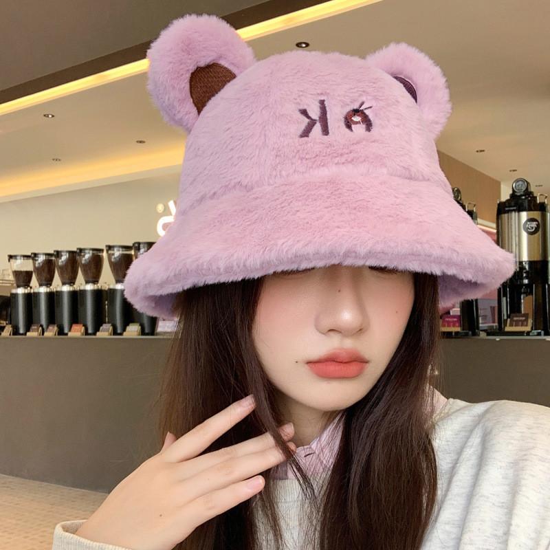 Ok Ear Bear Letter Embroidery Plush Fisherman Hat Bucket Cap Protection Sun