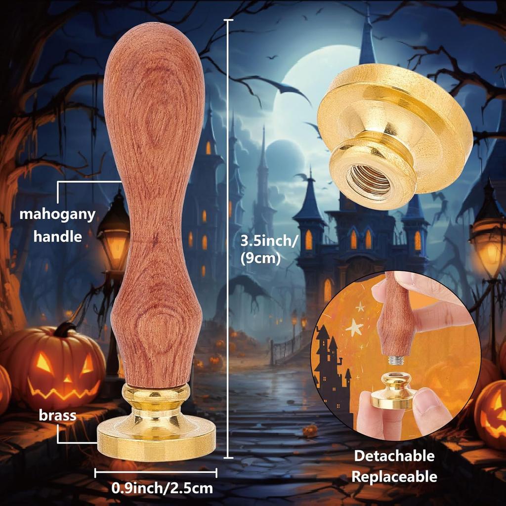 CRASPIRE 2 Style Happy Halloween Wax Seal Stamp Set Brass Sealing Stamp Heads + 1pc Wood Handle Removable Witch Hat Bat Ghost Kit for Decorating