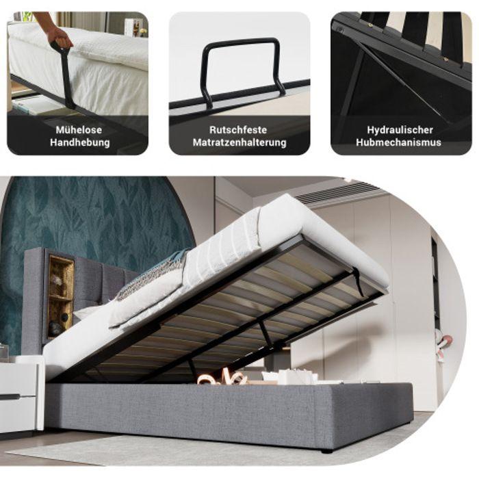 Lit Double Avec Recharge Sans Fil USB C, Sommier À Lattes Avec Matelas Moelleux De 140x200 Cm (matelas Non Inclus).