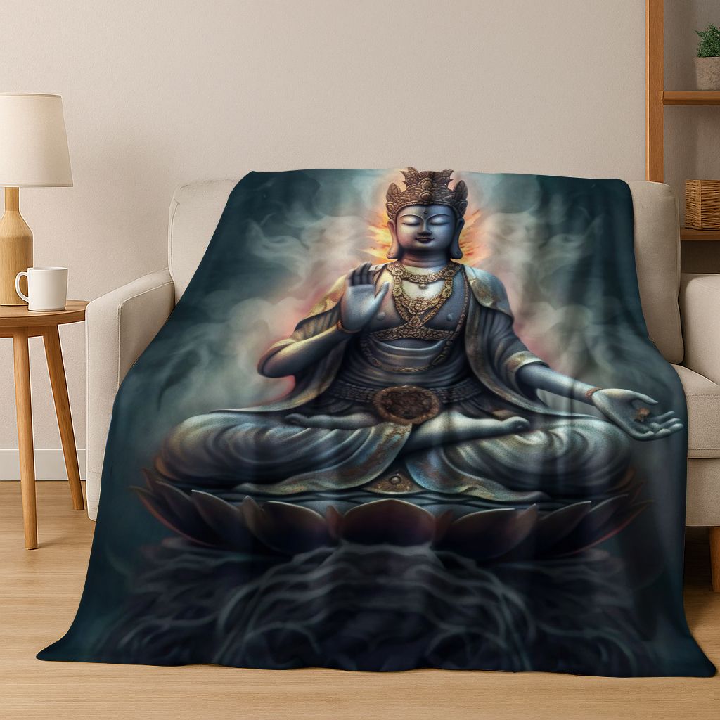 

Faith Solemn Buddha Sakyamuni Flower Flannel Blanket,Cozy Soft Throw Blanket for Home Bedroom Bed Sofa Picnic Cover Gift Kids 75x90cm