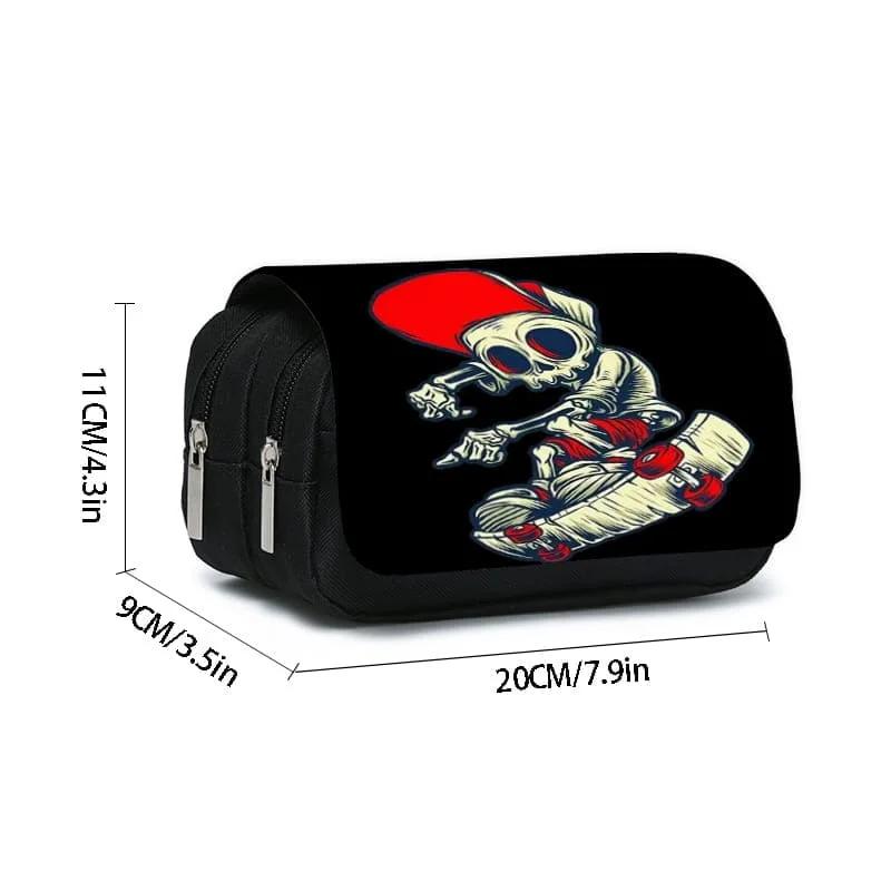 Skateboard Skeleton Double Flip Pen Case for Boy and Girls Best Gift 2D Flat Cartoon Pencil Pouch School Pencil Bag for Children