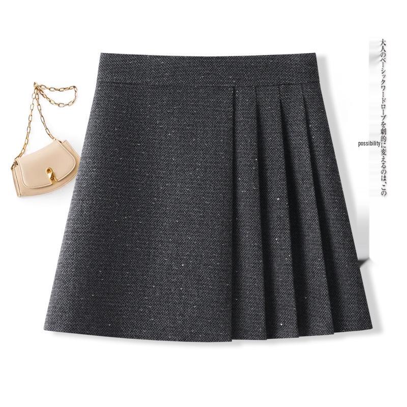 Autumn 2025 Women's High Waist Woolen Midi A-line Bodycon Pleated Skirt