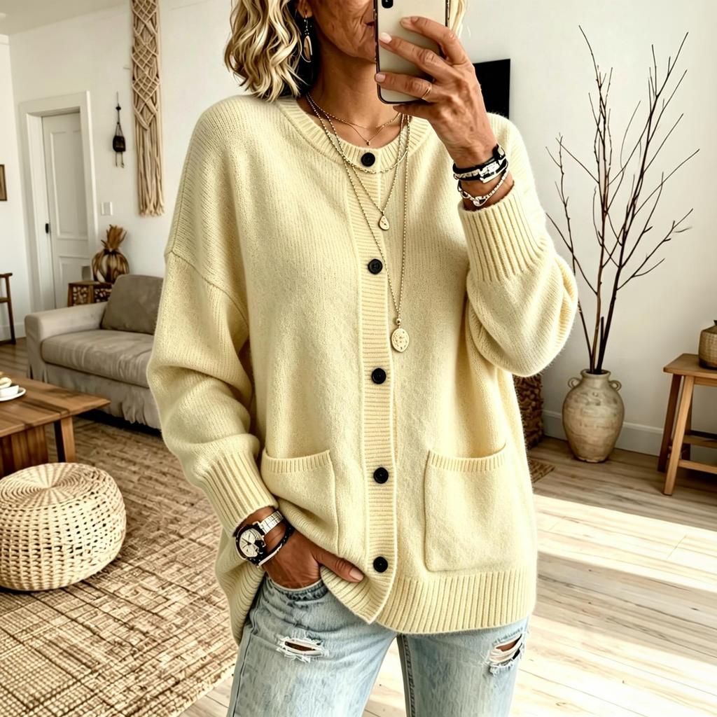 Women's Loose Fit Button Front Sweater with Pockets, Casual Slouchy Knit Cardigan