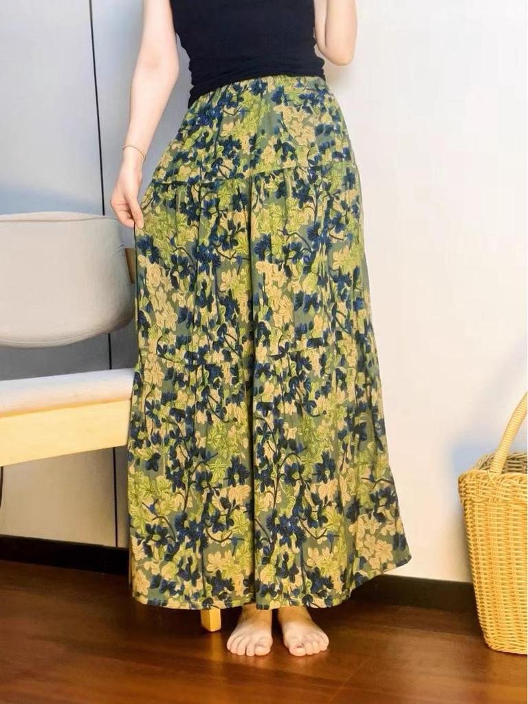 Women's Floral Print Cotton-Silk Elastic Waist Skirt - Southeast Asian Style for Spring and Summer