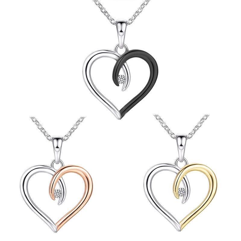 S925 Sterling Silver Peach Heart Inlaid Diamond Temperament Necklace Female Heart Diamond Color Gold Pendant Valentine's Day Gift