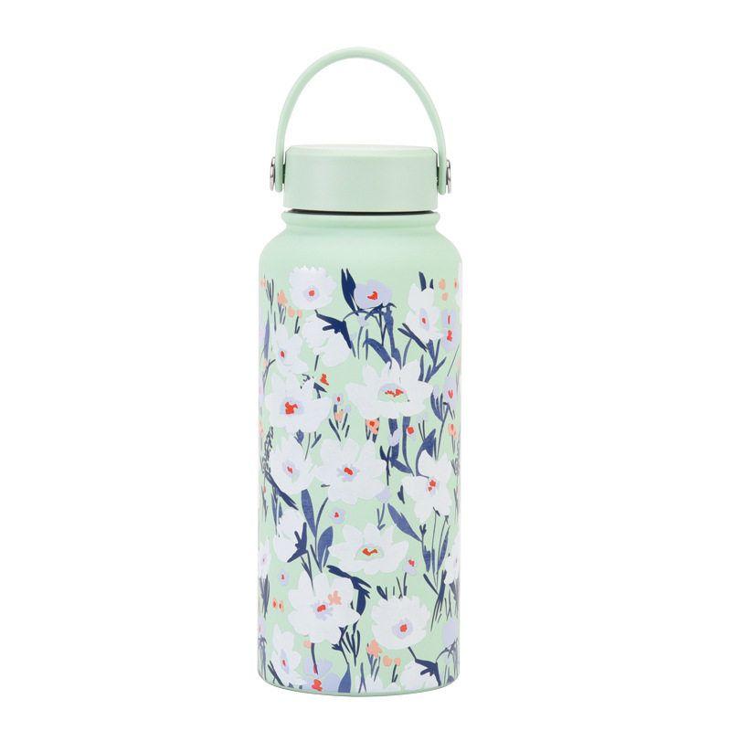 2025 New Model 1L Large Capacity Thermos Cup with Wide Mouth, Portable Handle, Sports Water Bottle, Outdoor Printed Water Cup for Women