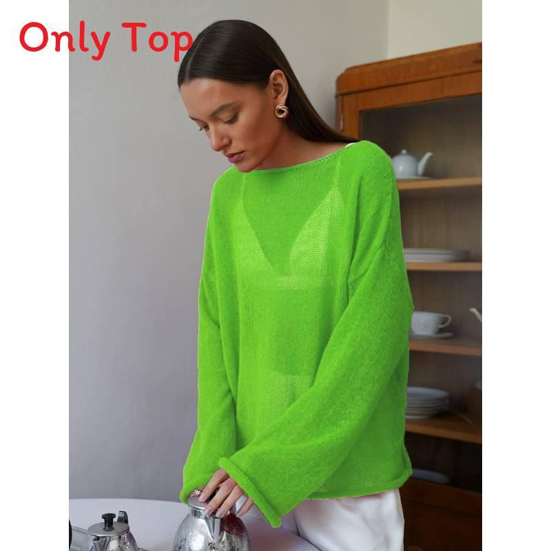 Polyester Knit Sweater With Openwork Lace Design Bell Sleeve Round Neck Summer Layering Top
