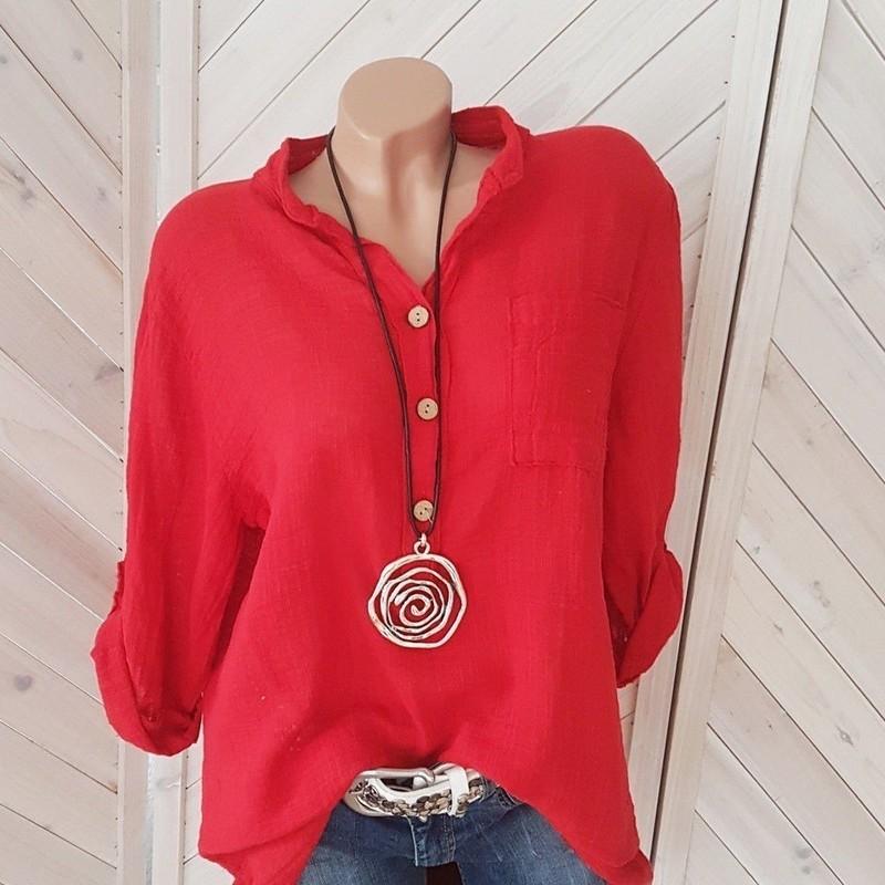 Women Blouses Cotton Linen Blouse Shirts Casual Long Sleeve Neck Loose Shirt Lady Tops