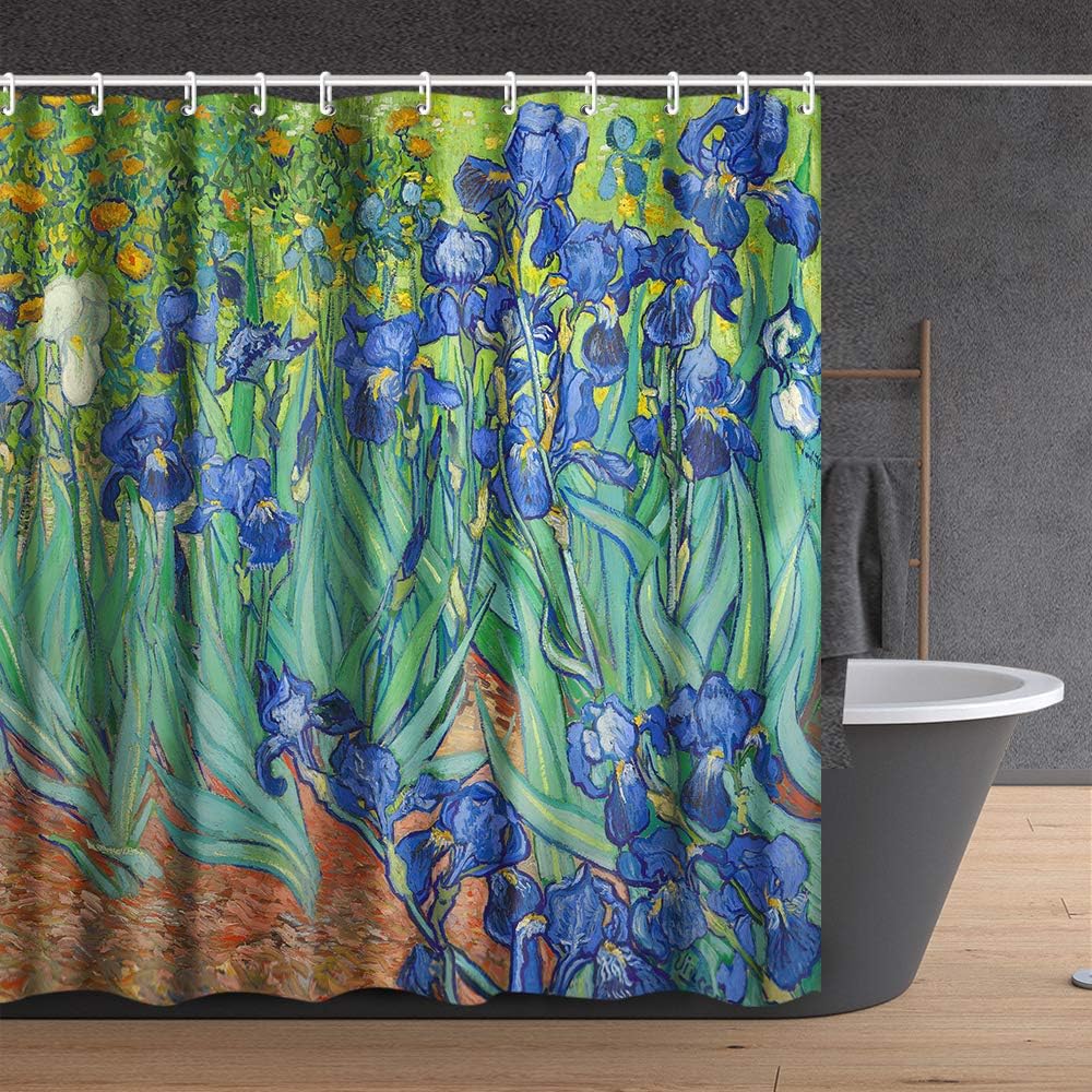 Dunika Chen Van Gogh Irises Shower Curtain Set With Hooks, Art Painting Bathroom Decor, Waterproof Fabric