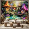 2D Fairy Tale Mushroom Village Tapestry, Colorful Houses with Pond & Flowers Wall Hanging, Fantasy Backdrop