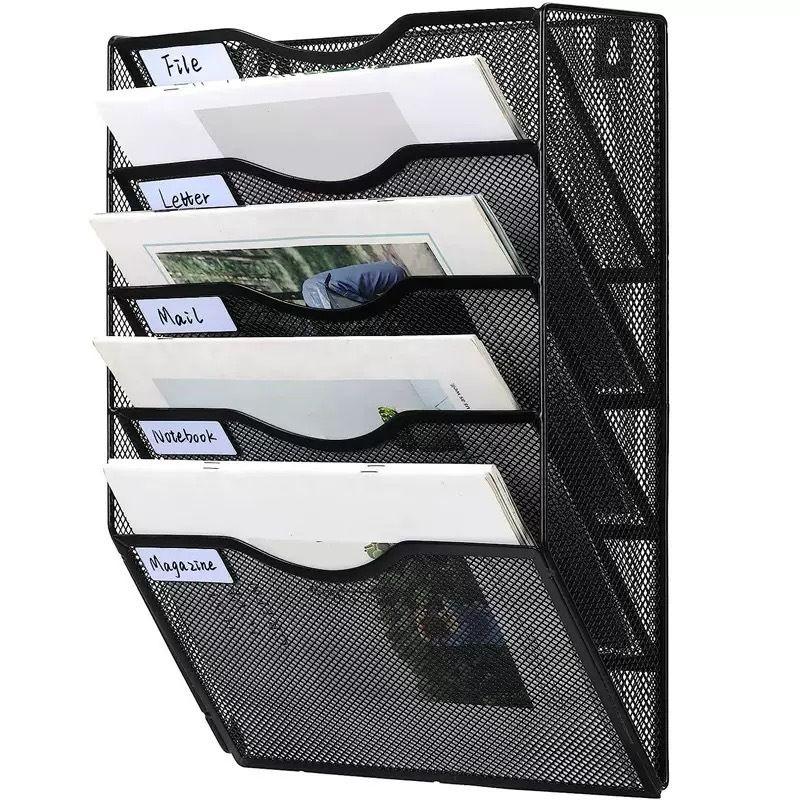 Wall Mount Hanging File Organizer - 5 Pocket Vertical Folder Holder with 5 Key Hooks for Office Classroom серый