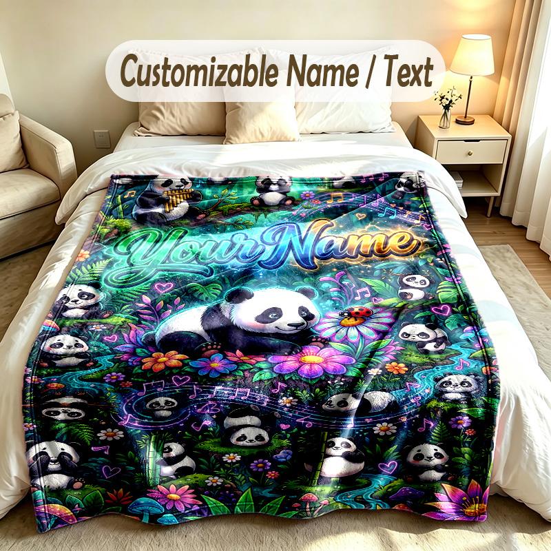 Bear Panda Theme Soft Blanket Personalized Custom Name Text Print Warm Blanket Home Sofa Bedroom Decor