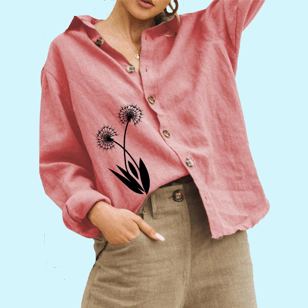 Women Fashion Floral Print Linen Shirt Ladies Casual Long Sleeved Top Loose Buttoned Blouse
