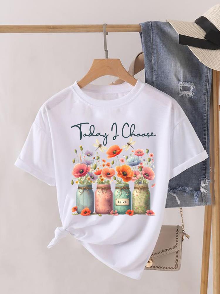 

(Asian Size) Lady Clothing o-neck T Shirt Printed Female Top Casual letter flower trend Fashion Women Graphic Tee Short Sleeve T-shirts S