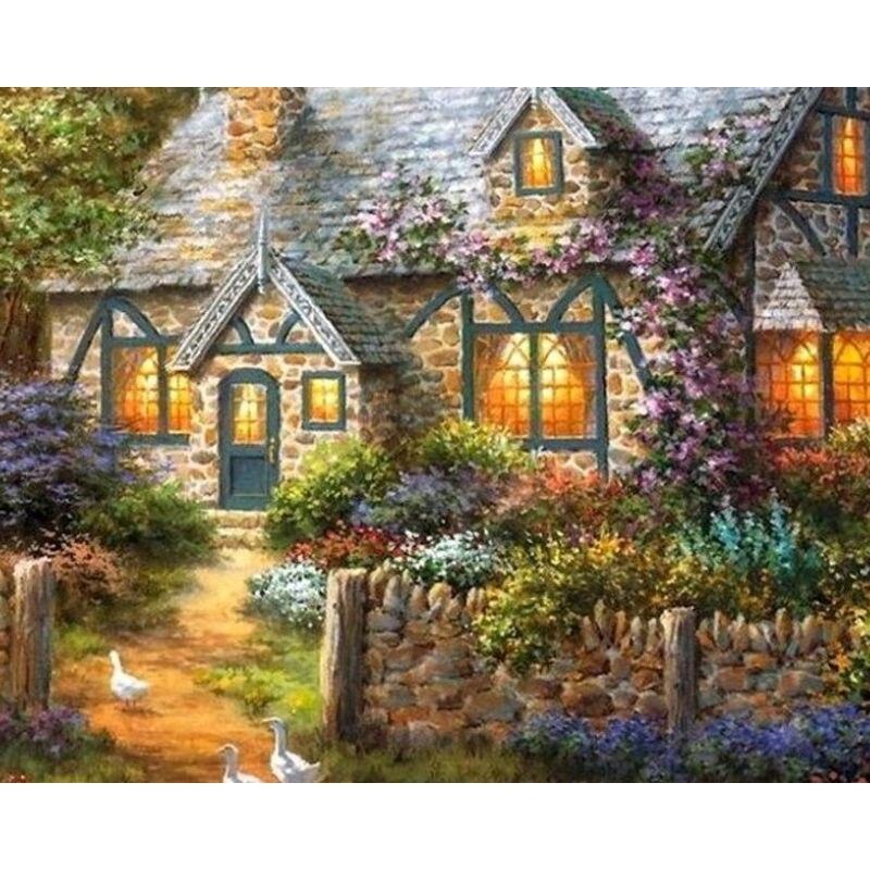 5D DIY Diamond Painting Landscape Full Round Diamond Embroidery Mosaic House Spring Decorations