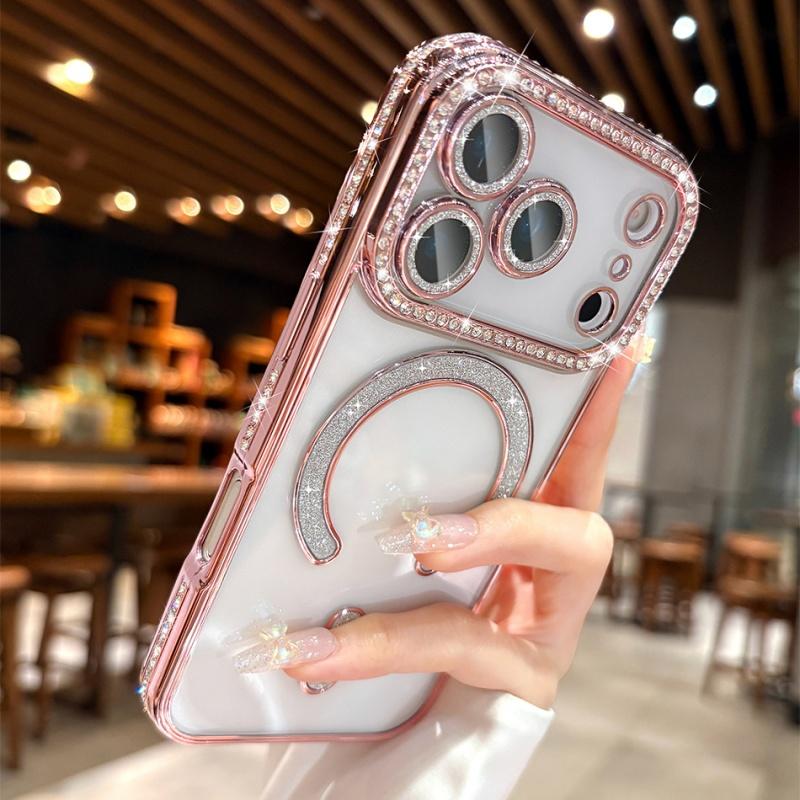 Beschichtetes Glitzer-Diamant-Strass-Magnetisches Kabelloses Ladecase Für iPhone 17 Pro Max Air 16 15 14 13 12 Weiche Silikonhülle