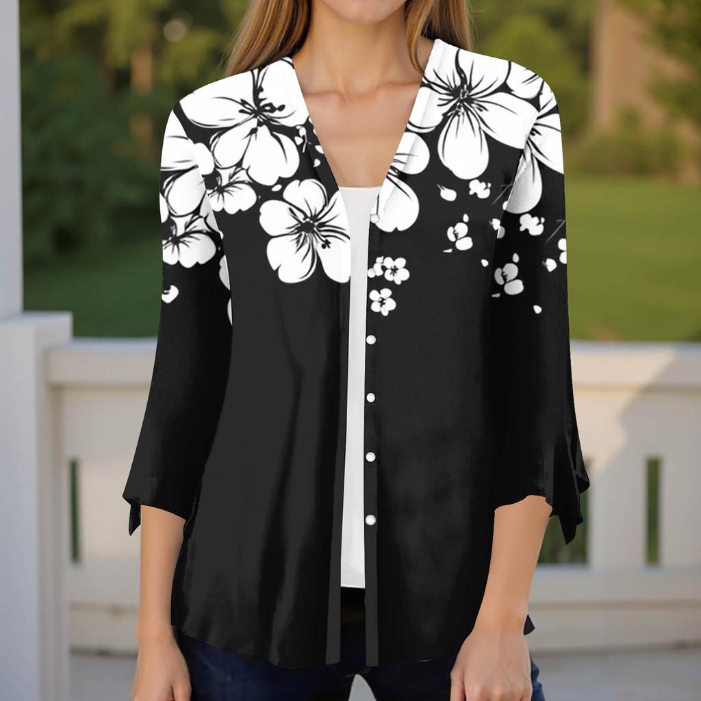Women's Fashion Loose Casual Printed Seven-Part Sleeve Button Down Blouse Cardigan Top