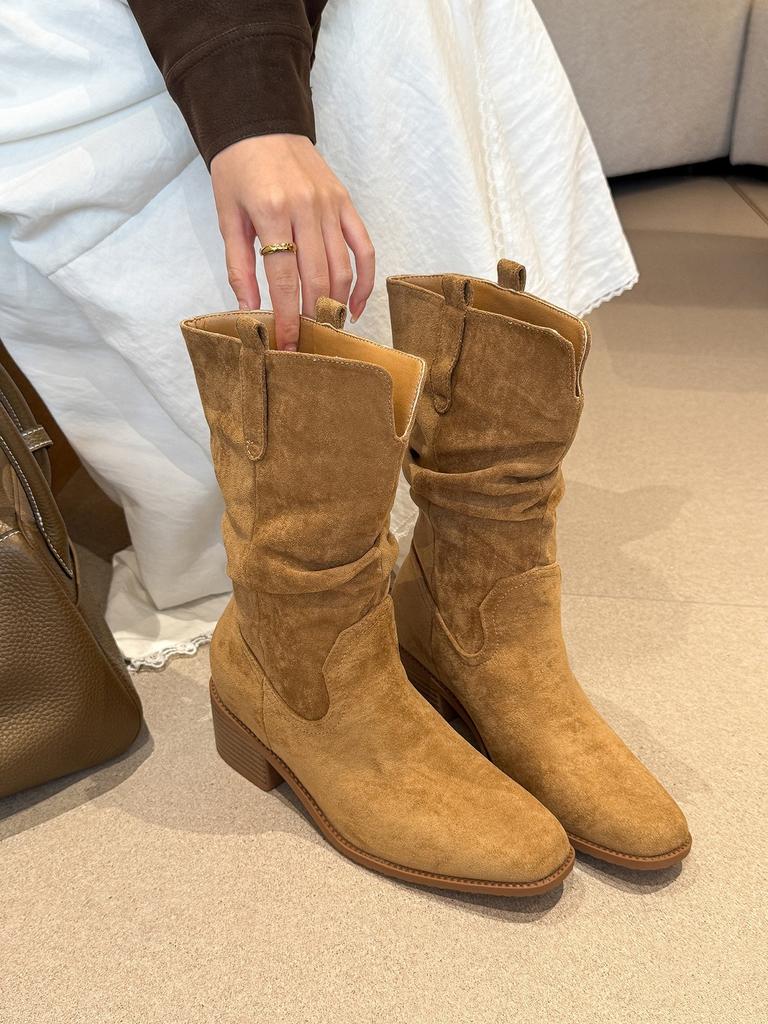 Well worn! Ruth square head ruffled thick heel mid boots western boots