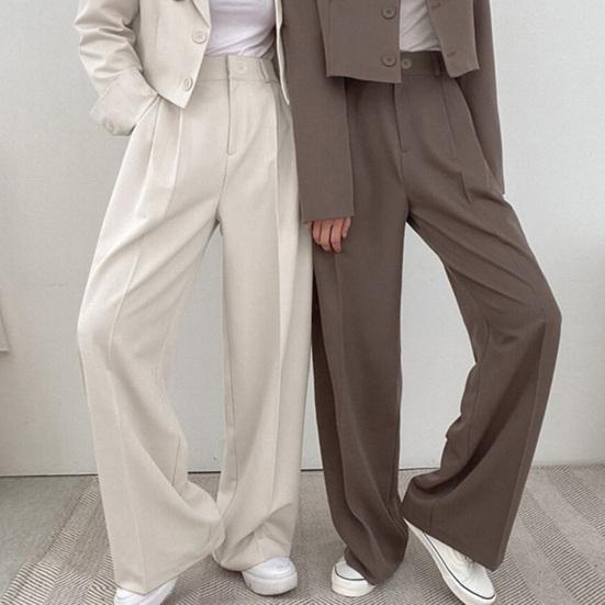 Women Pants High Waist Button Zipper Closure Casual Wide Leg Solid Color Trousers