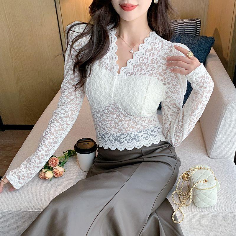 

Fall and Winter New Arrival Women s Clothing All-Matching Slim Fit Slimming V-Neckline Long Sleeves Lace Shirt Women s Lace Cut Out Bottoming Shirt Apricot color S