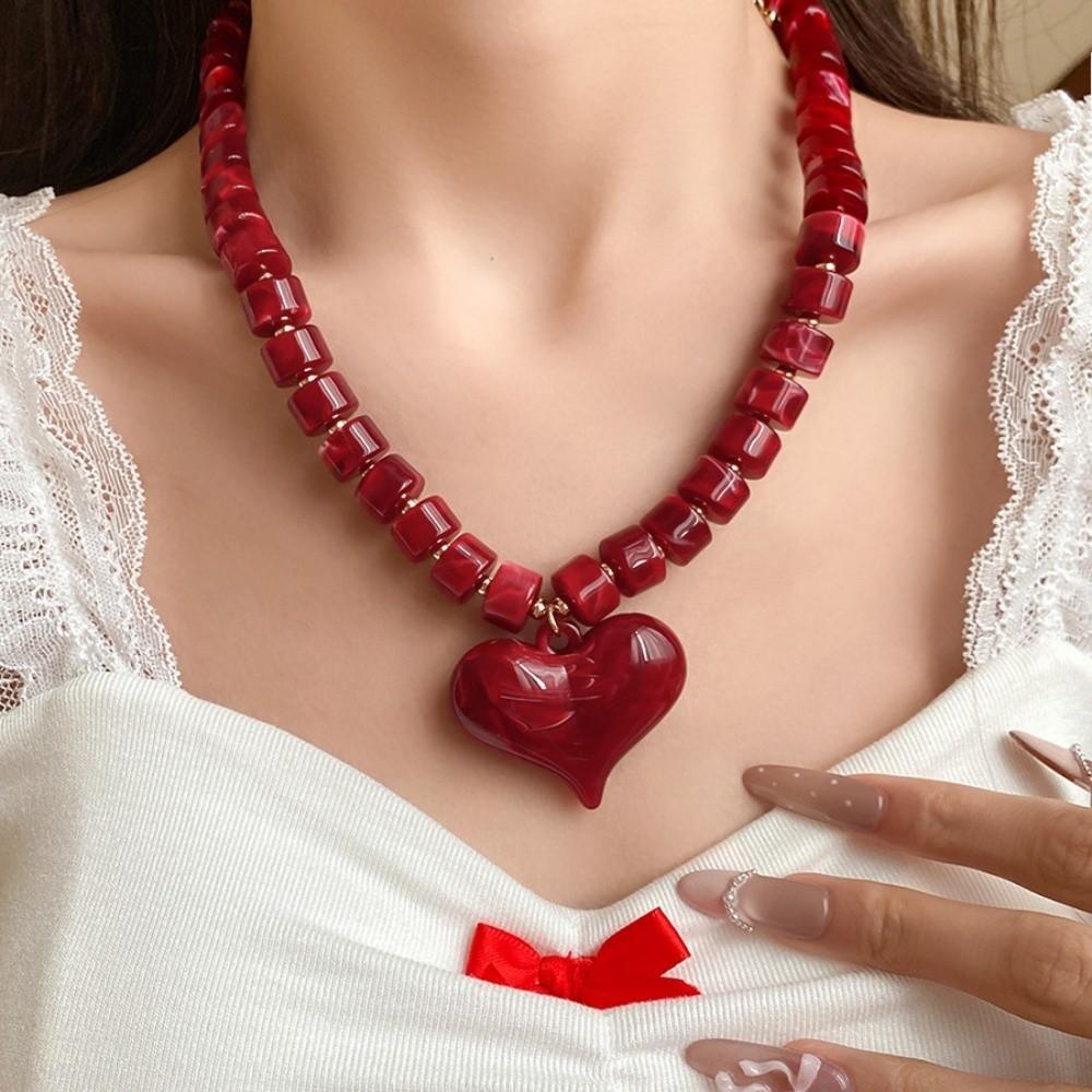 Round Bead Acrylic Love Heart Necklace Acrylic Sweater Chain Women Clavicle Necklace  Beach