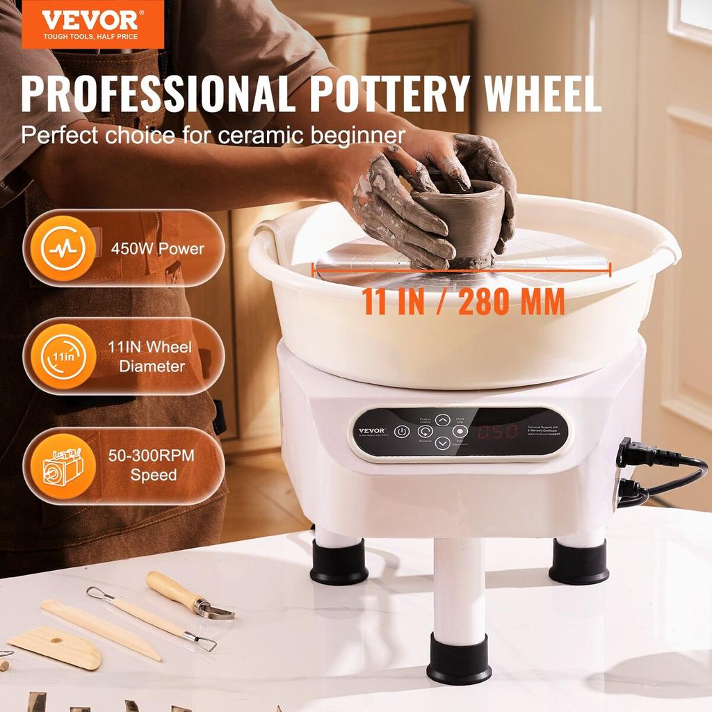 Pottery Wheel 11in Ceramic Wheel Foot Pedal Touch Screen 450W 3 Legs White