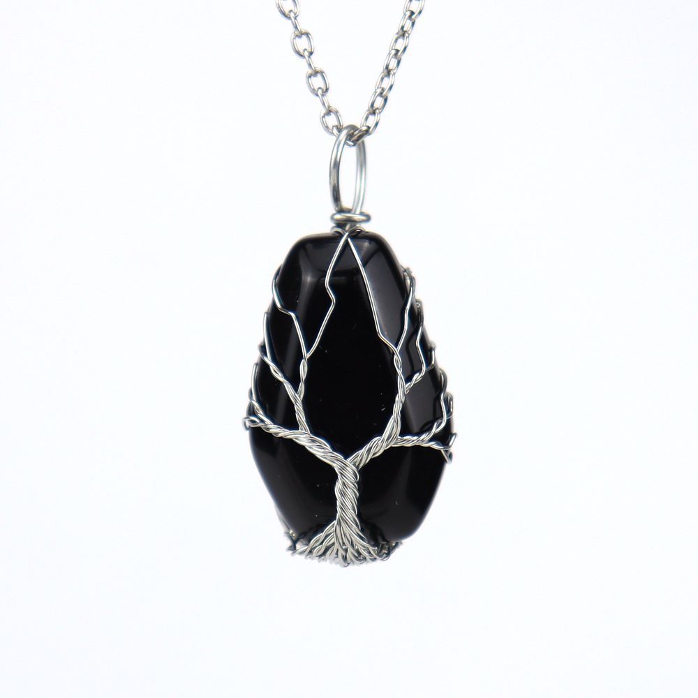 Hand-Wound Natural Rough Stone Crystal Stone Octahedron Coffin Board Tree Of Life Necklace Fortune Tree Necklace N540
