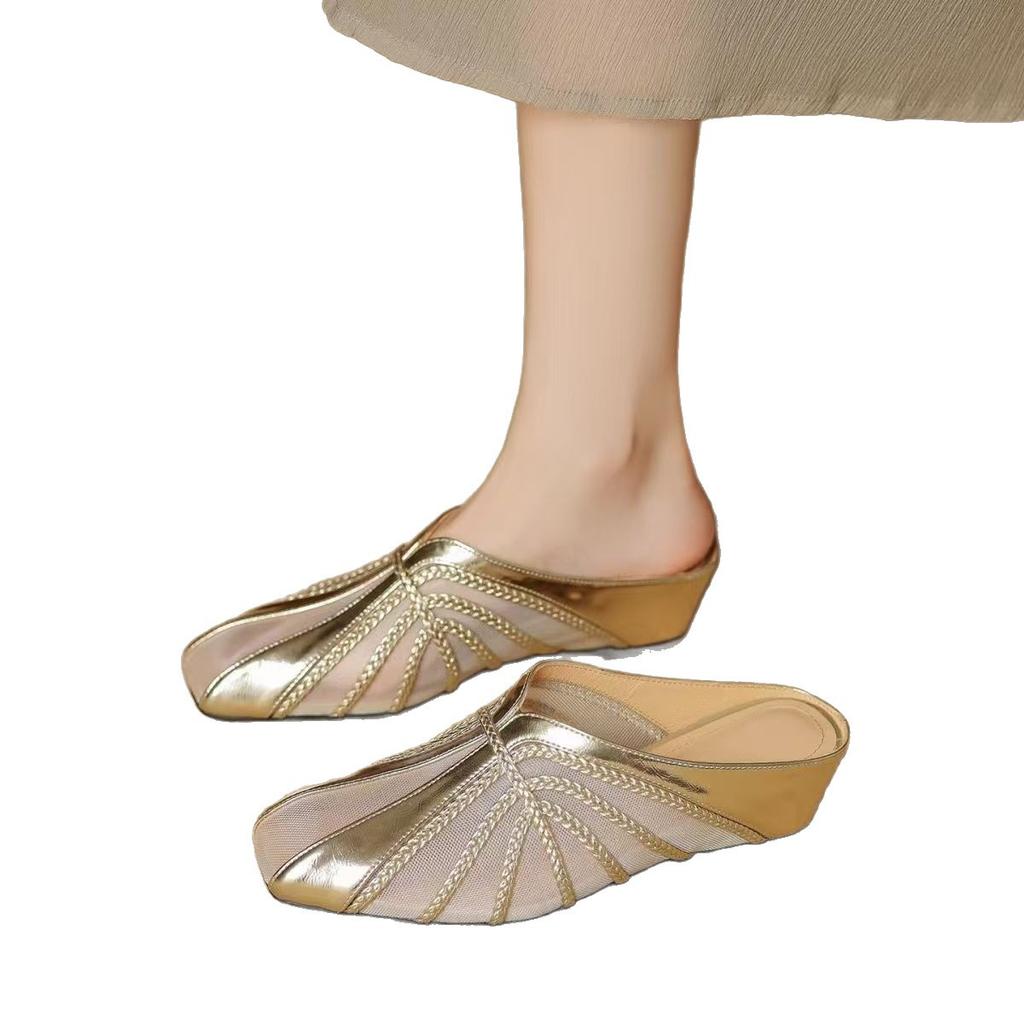 French Light Luxury Mesh Yarn Breathable Bag Head Half Slippers Women's 2025 New New Chinese Square Head Inner Height Increase Medium Heel Sandals