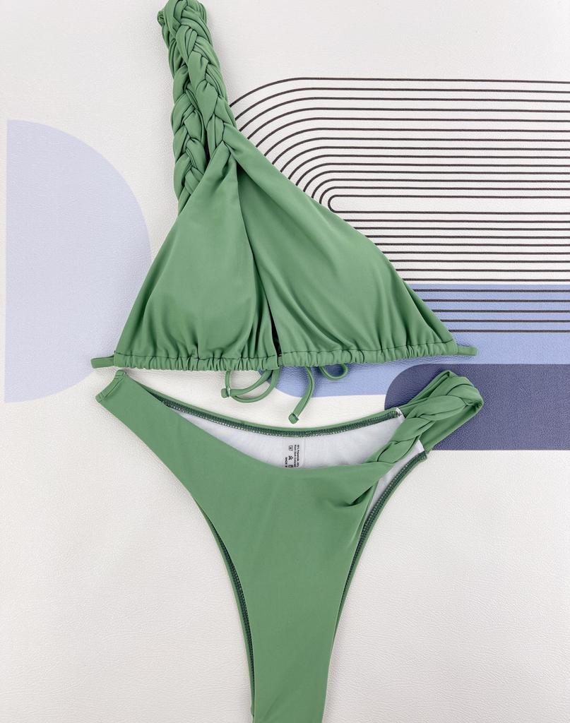 Damski strój kąpielowy w jednolitym kolorze, tkane paski, wycięcie, wysoka talia, seksowne bikini, kostiumy kąpielowe