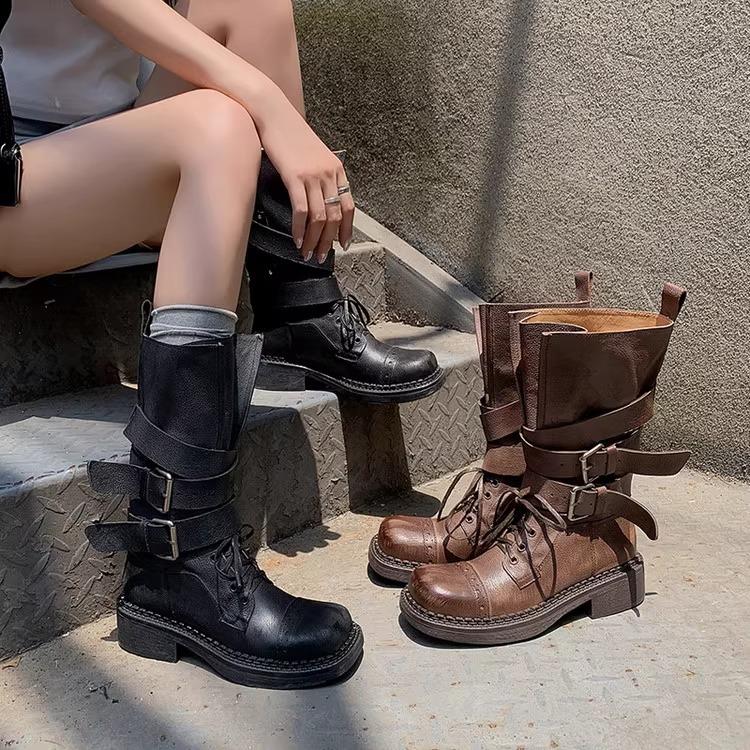 Retro pleated round head thick heel stacking boots 2025 new autumn and winter boots khaki suede but knee boots