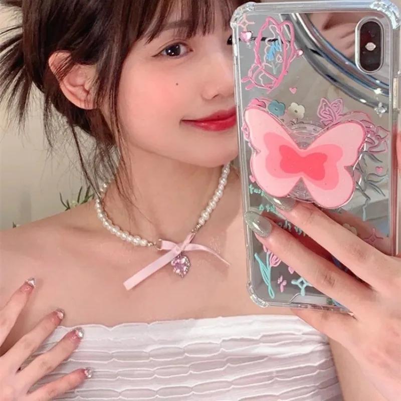 Kpop Goth Pink Ribbon Bow Imitation Pearl Beads Choker Necklace Y2K Sweet Cute Heart Pendant Clavicle Chain Girl Lolita Jewelry