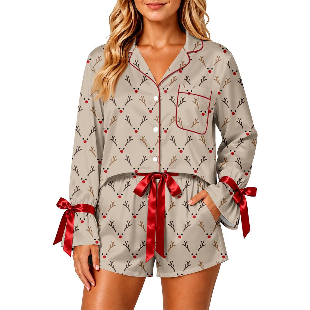 Women's Christmas Two Piece Pajama Set with Button Down Shirt and Shorts Sleepwear