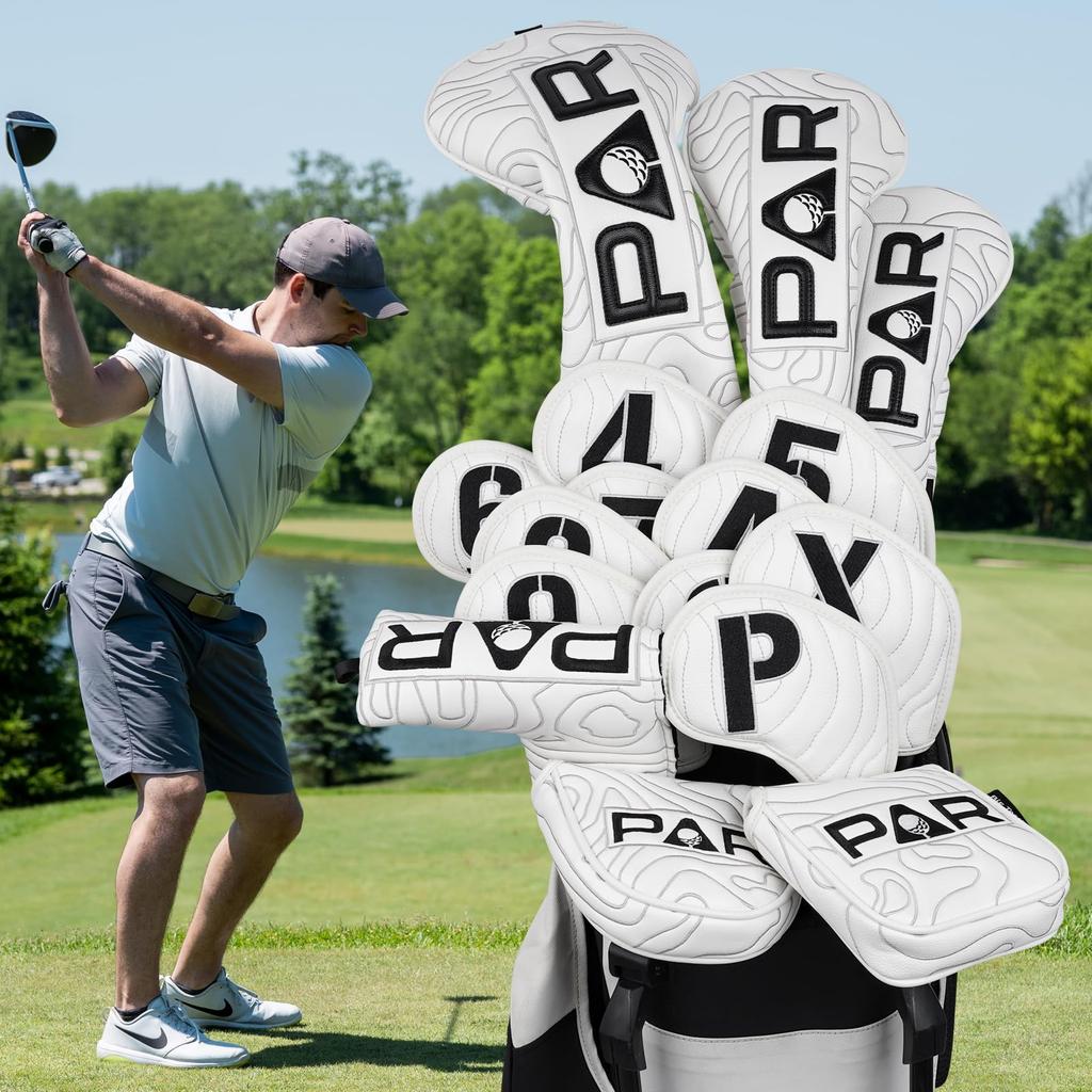 Set of 10 Golf Iron Covers, Magnetic Wedge Covers, and Club Headcovers (4-9, P, A, S, X) with White Synthetic Leather and Golf Course Pattern