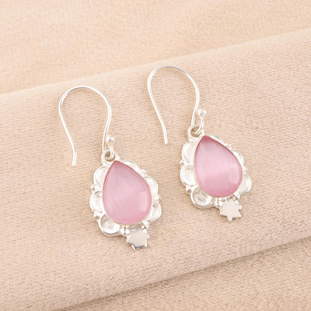 Cercei din Argint Sterling 925 Solid cu Ochi de Pisică Roz, Cercei Bijuterii cu Piatră Prețioasă Făcute Manual, Cadouri Pentru Soție Cercei Noutate