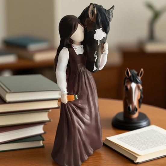 Girl Holding Horse Resin Statue Angle Pony Figurine Sculpture Home Office Living Room Desktop Decoration Ornament