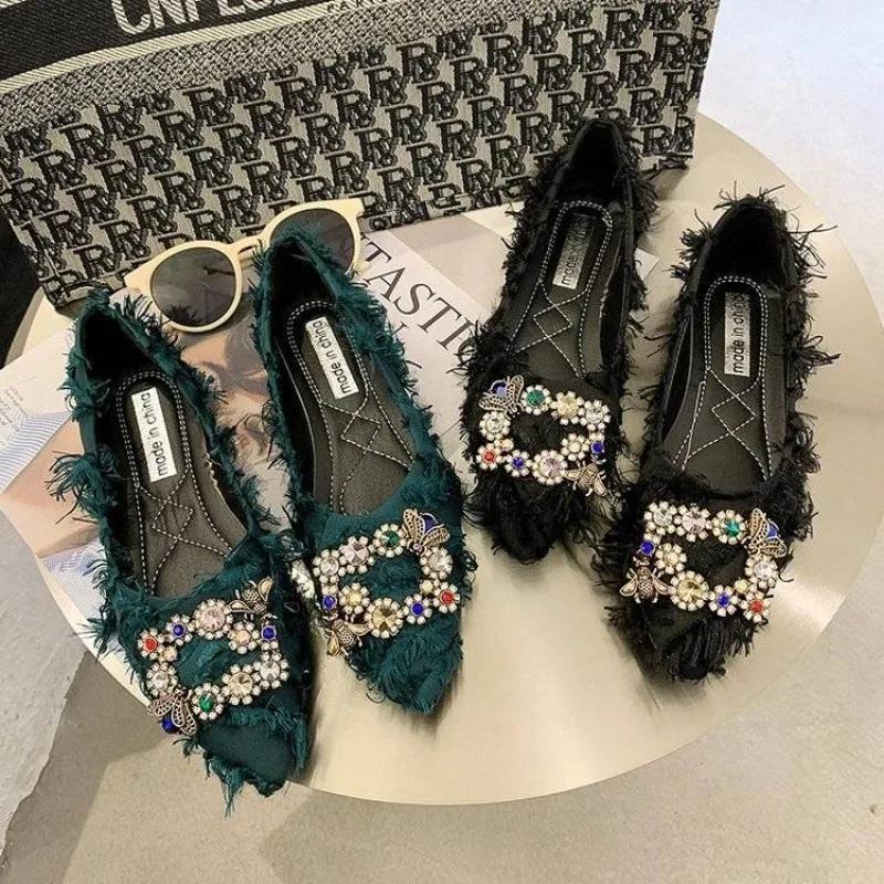 Fashion Black Shoes for Women Rhinestone with Crystals Green Elegant Party Pointed Toe Woman Flats Diamond Social Korean Style Lastest