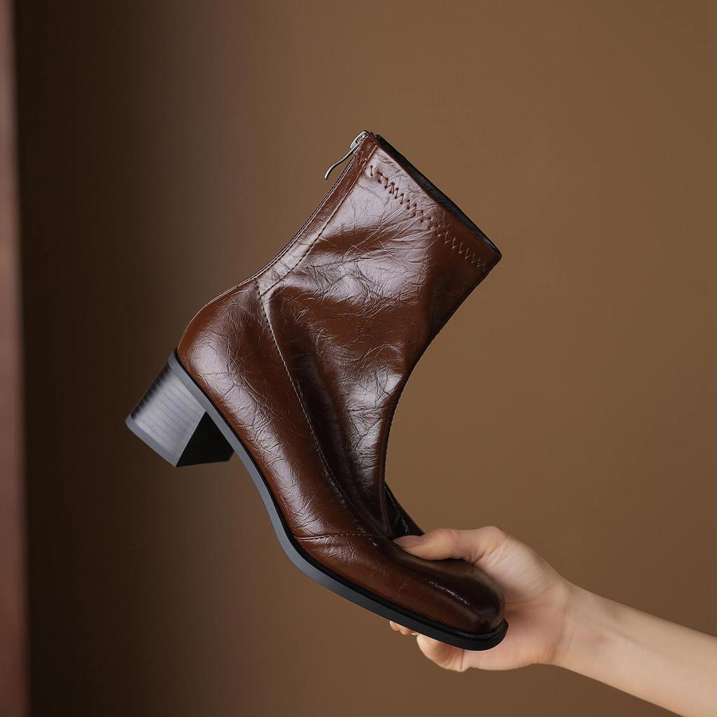 Krazing Pot Microfiber Square Toe Med Heels Elastic Boots Size 43 Slip On Women  Basic Design Ankle Boots