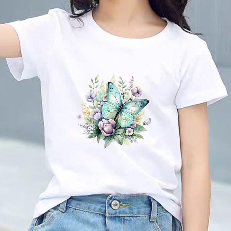 Kids Cotton T Shirt Mint Butterfly With Purple Flowers Print Crew Neck Short Sleeve Tee Casual Boys Girls Summer Tops