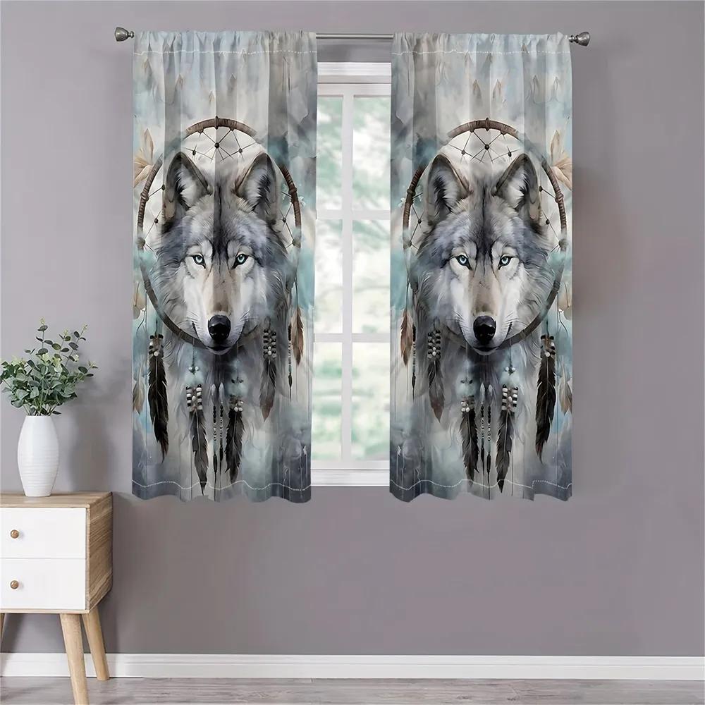 2PCS Bohemian Wolf Head Curtains with Rod Bag Design for Privacy Protection   Suitable for Various Decorative Scenarios