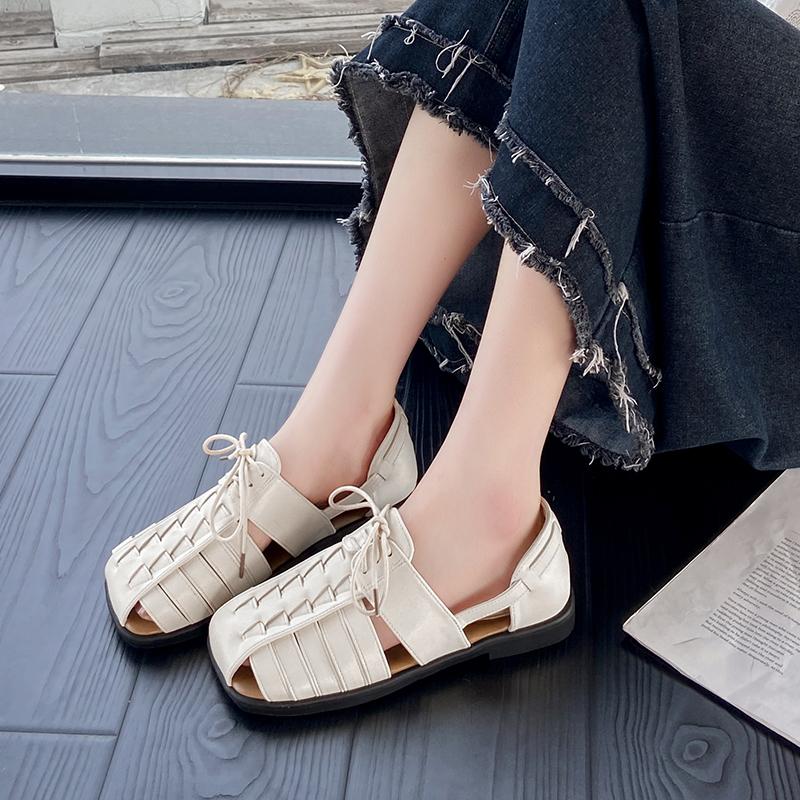Fashion Flat Shoes Summer New Square Head Open Toe Hollow Front Lacing Soft Sole Anti-slip Wear-resistant Low-top Shoes
