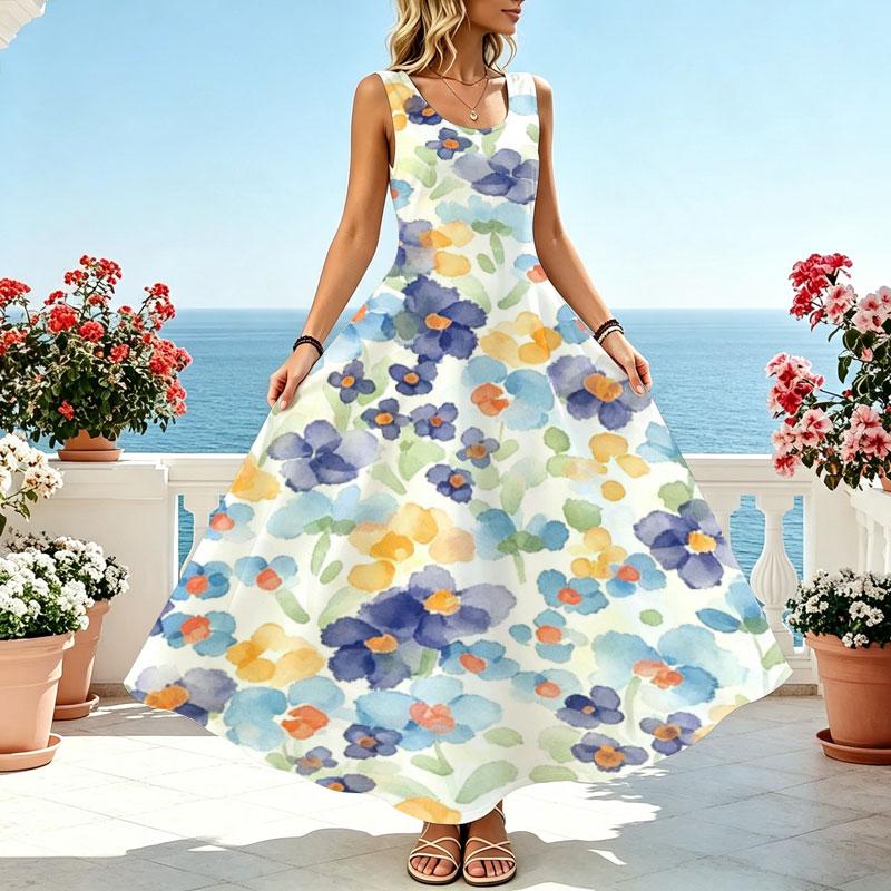 A-Line Sleeveless Maxi Dress Fresh Watercolor Floral Print,Lightweight Loose Fit,Flattering & Versatile for Daily Commute,Beach Vacation & Casual Wear
