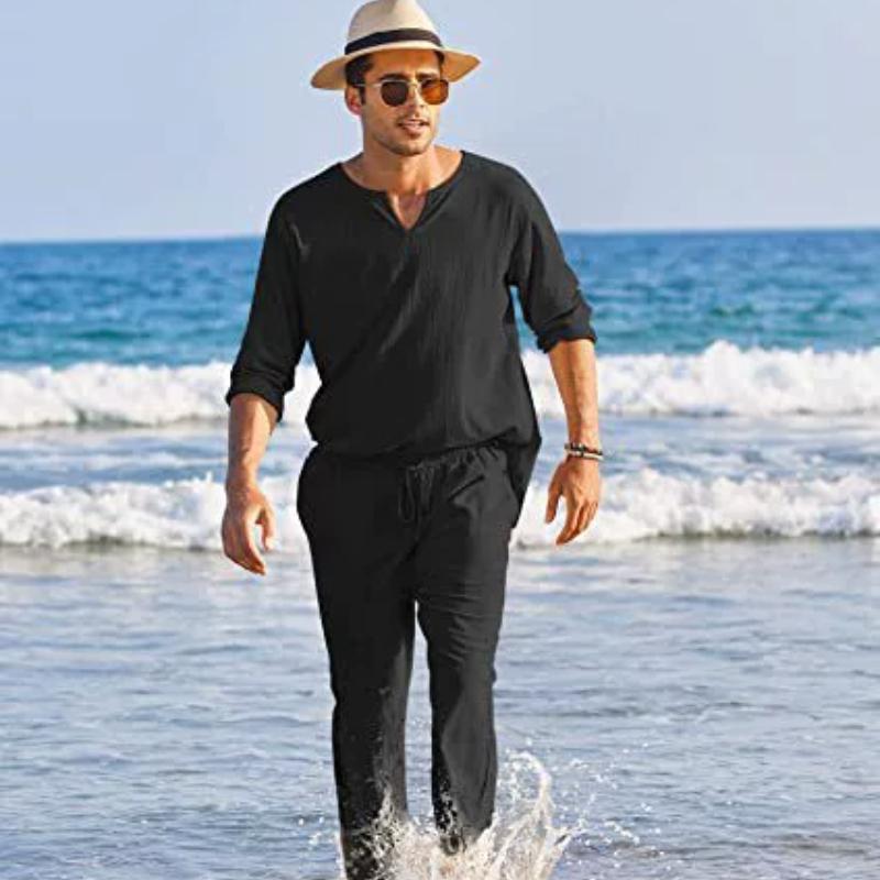 

Летний мужской повседневный однотонный эластичный комплект из хлопка и льна с карманами XXXXL чёрный