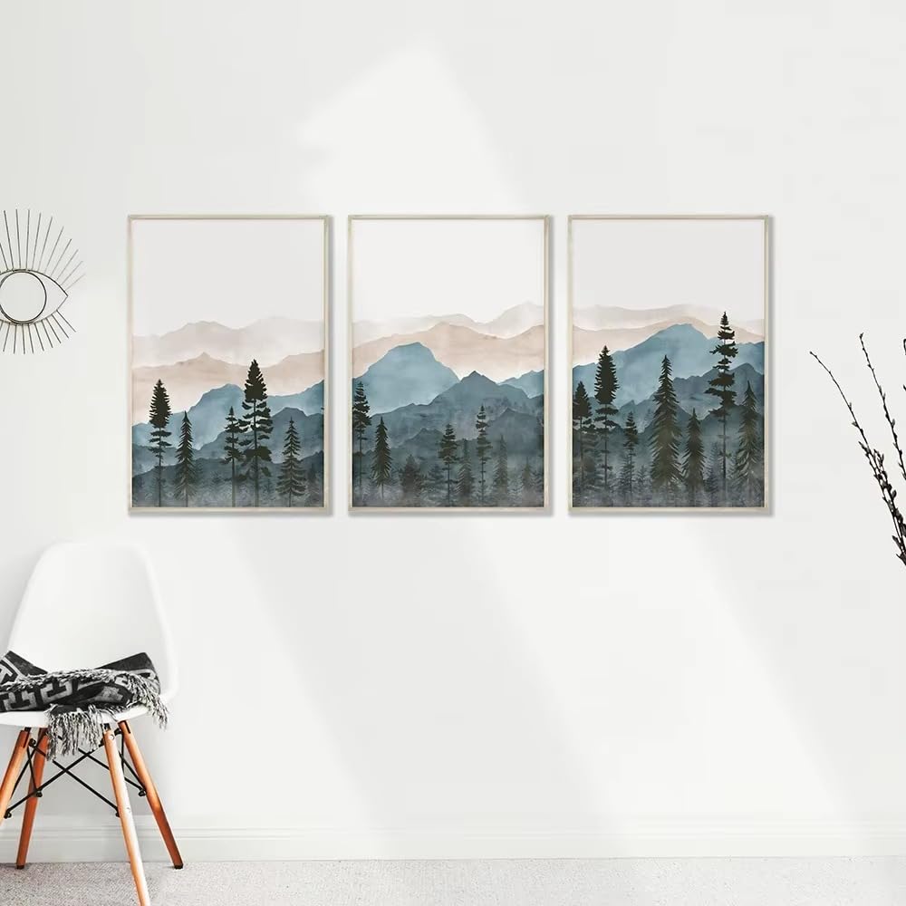 LAKELUUYAA Nordic Modern Abstract Blue Watercolor Canvas Art Posters, Set of 3 - Framed Landscape Art Panels for Living RoomBedroom, Stylish Interior
