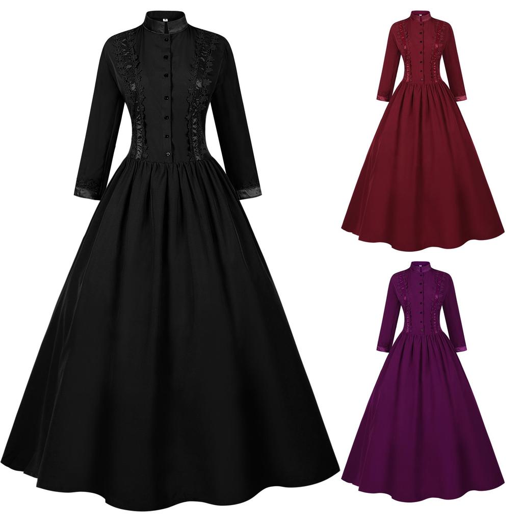 Women's Vintage Medieval Halloween Dress - Stand-Up Collar & Large Hem Skirt