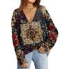 Women's Fashion Long Sleeve Print V-Neck Button Loose Cardigan Top