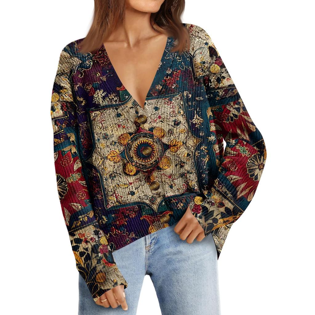 Women's Fashion Long Sleeve Print V-Neck Button Loose Cardigan Top